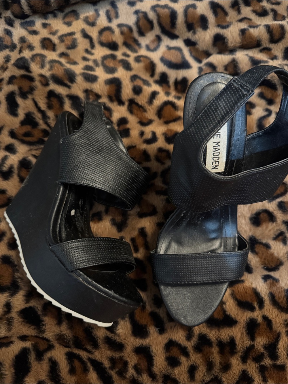 Steve Madden Black Textured Strap Platform Wedges